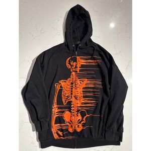 Social Collision Mens Black Orange Skeleton Graphic Zip Up Hoodie